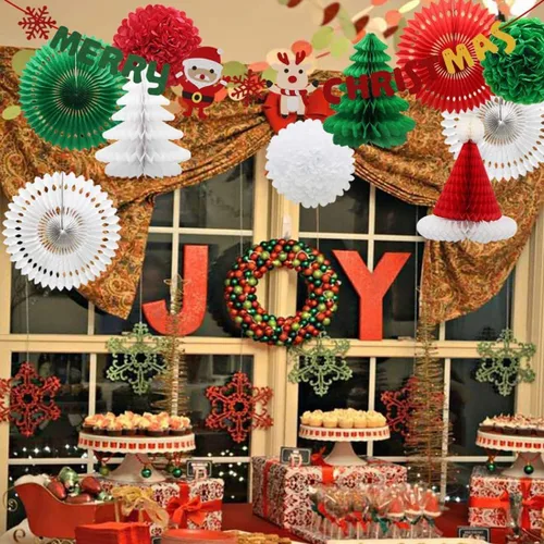 Vista 5 de Cartel y pompones de Feliz Navidad, abanicos de papel y faroles para Navidad, decoración de fiestas para Navidad, suministros de fiesta de Año Nuevo