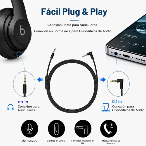Vista 5 de cipher Cable de audio de repuesto, compatible con auriculares Beats, modelos Studio Solo Pro Detox Mixr Executive Pill, con micrófono y control