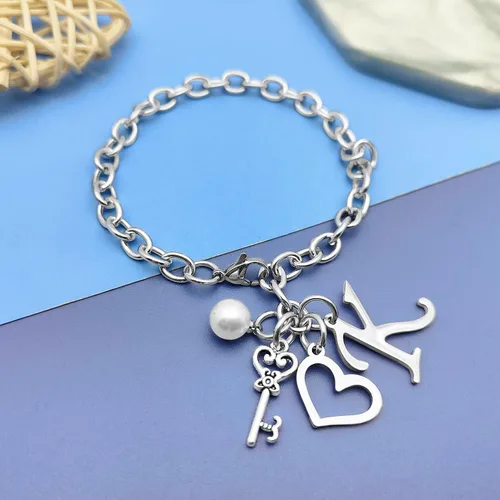 Vista 3 de Pulseras con inicial de la A a la Z, regalo para mujeres y niñas, pulsera de cadena de acero inoxidable con 26 letras del alfabeto, regalos