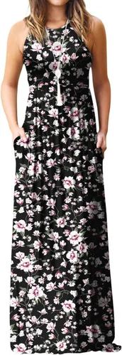 Vista 37 de DEARCASE Vestido largo de verano sin mangas para mujer, con bolsillos E10-floral Negro Azul