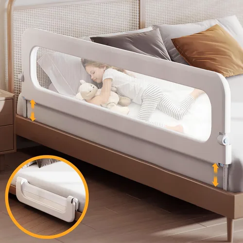 Vista 7 de Barandilla de protección para cama de bebé para niños pequeños, altura ajustable de 48 pulgadas, barandilla de cama abatible, barandilla lateral