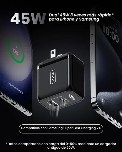 Vista 2 de Cargador USB C, INIU de 2 puertos y 45 W, cargador súper rápido tipo C, mini cargador de pared PD PPS USB C plegable de GaN Tech para Samsung Galaxy