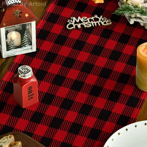 Vista 3 de Artoid Mode Camino de mesa de búfalo rojo y negro, decoración de mesa de comedor para interiores y exteriores, decoración de fiesta en el hogar, 13