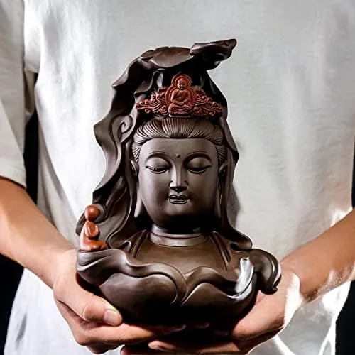 Vista 5 de Guan Yin - Estatua de cerámica con cabeza de Guanyin, estatua decorativa budista chino hecha a mano, escultura para el hogar, sala de estar
