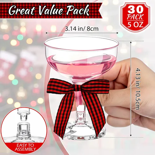 Vista 2 de Zopeal 30 vasos de Martini de plástico de Navidad de 5 onzas, copas de champán Margarita con lazo de 2.8 pulgadas para cumpleaños, despedida