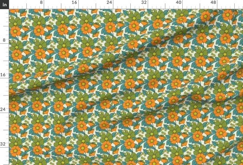 Vista 2 de Spoonflower Tela – 70S floral naranja retro divertido hippie medio verde oliva verde azulado vintage impreso en tela de gasa cuarto gordo – costura