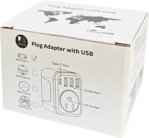 Vista 8 de Adaptador de enchufe de viaje europeo USB C, adaptador de enchufe internacional Cellet con 1 salidas de CA y 4 puertos USB, cargador adaptador