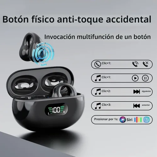 Vista 2 de Auriculares de Conducción Ósea de Oído Abierto Bluetooth 5.3 Auriculares Inalámbricos Clip-On con Pantalla Digital Estuche de Carga 60 Horas