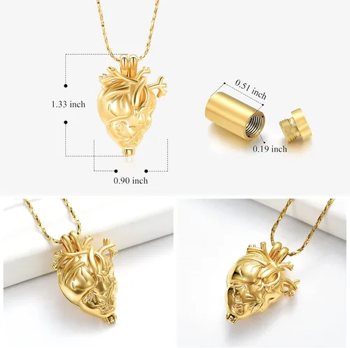 Vista 2 de Imrsanl Collar con colgante de joyería de cremación para cenizas – Collar anatómico de urna de corazón para cenizas – Medallones conmemorativos