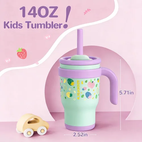 Vista 4 de KXIAOCHEN Vaso para niños de 14 onzas con asa para evitar derrames, vaso aislado reutilizable de acero inoxidable para niños pequeños, mantiene