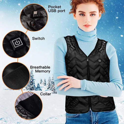 Vista 5 de Chaleco térmico para hombres y mujeres, con carga USB, tamaño ajustable para cazasenderismo, chalecos cálidos de invierno, Negro