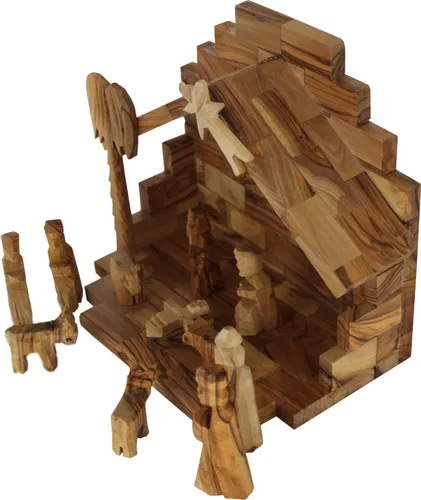 Vista 7 de Holy Land Market Juego de pesebre de madera de olivo, 12 piezas con techo