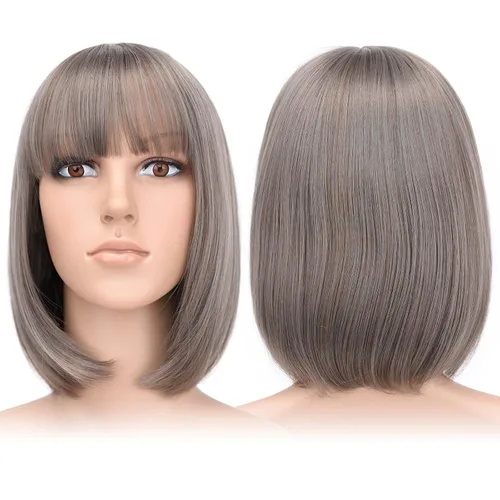 Vista 40 de Pelucas Bob con flequillo, peluca de cabello castaño rojizo de 10 Caoba