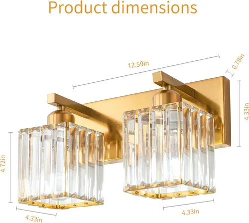 Vista 6 de Lámpara de cristal de pared moderna de latón cepillado dorado con 2 luces para tocador de baño Oro Recto