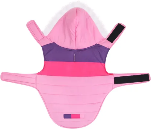 Vista 5 de HDE Chaqueta acolchada para perro, con forro polar, abrigo de invierno cálido para perro con agujero para arnés a rayas rosas, talla S Raya rosa