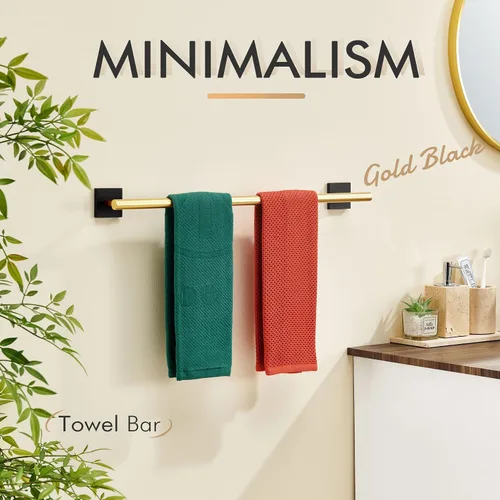 Vista 3 de Barra de toalla de baño KOKOSIRI para gabinete de cocina, soporte para toallas de baño para montar en la pared de 24 pulgadas, negra con oro, acero