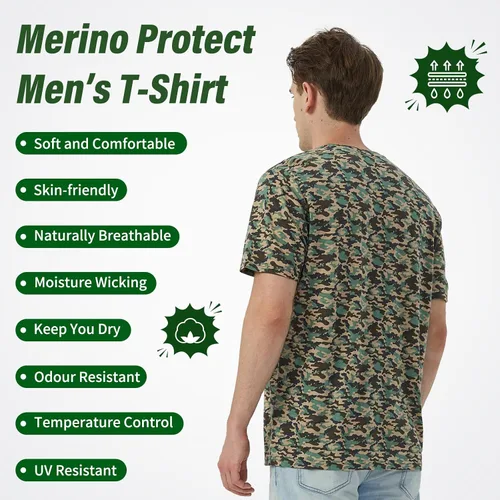Vista 4 de Merino Protect Camisetas 100% de lana merino para hombre, resistentes al olor, capa base, ligera, para senderismo, viajes, camiseta suave