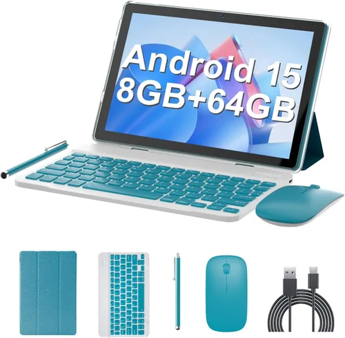 Vista 9 de Tableta 2 en 1 10 pulgadas Android 15 Tablets con teclado 64 GB ROM 8 GB RAM Soporte 1TB expansión 10.1 "Tablet incluye Ratón Stylus Tab 8MP+2MP