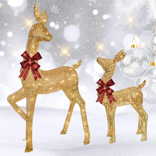 Vista 8 de 2 piezas de ciervos de Navidad grandes iluminados, decoración de patio de HOYECHI al aire libre, reno de ratán con 85 luces LED, estacas, lazos
