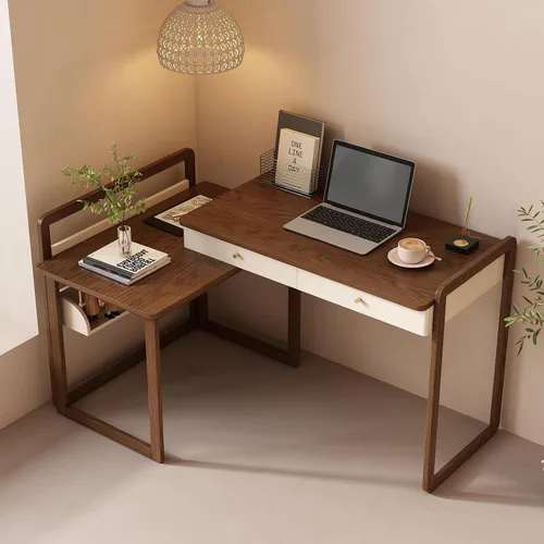 Vista 4 de Lartis Escritorio extensible de madera maciza de 70 pulgadas, mesa de estudio de almacenamiento con unidad lateral, banco de trabajo multifuncional