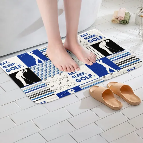 Vista 2 de Alfombra de baño deportiva para niños, alfombra de baño de golf geométrica a rayas antideslizantes, alfombra de baño de lana cuadriculada esponjosa