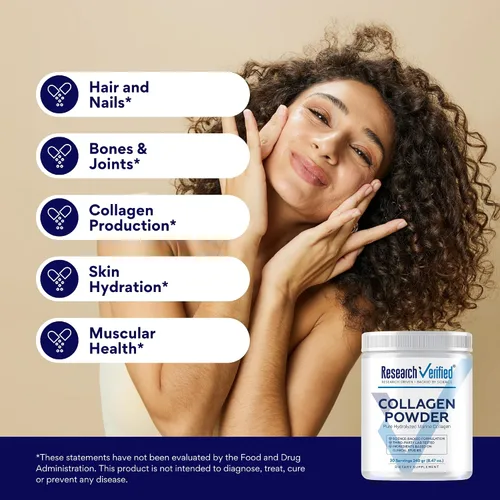 Vista 3 de Research Verified® Colágeno en polvo, péptidos de colágeno marinos hidrolizados, sin sabor, hidratación y elasticidad de la piel, recuperación