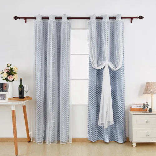 Vista 3 de Deconovo Paneles superiores con ojales, estampado marroquí azul celeste, aislamiento térmico, para ventana de dormitorio, dos cortinas transparentes