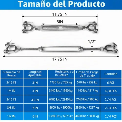 Vista 2 de 2 tensores M12 de 1/2 pulgada de acero inoxidable 304 de mandíbula y mandíbula tensor de mandíbula, tensor de cable resistente, límite de carga