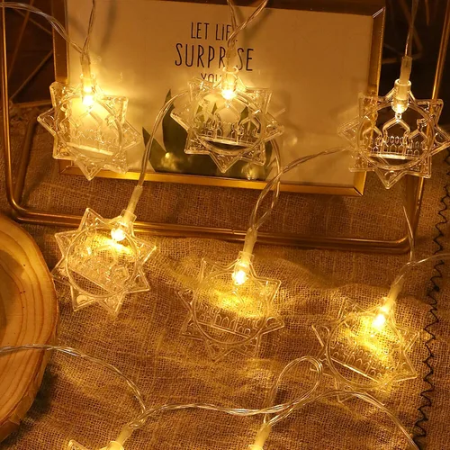 Vista 7 de Guirnalda de luces de Ramadán, estrella, luna, 10 pies, 20 luces LED, funciona con pilas, con 2 modos de iluminación, decoración de Ramadán Kareem
