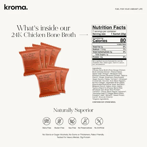 Vista 2 de Kroma - Caldo de hueso de pollo de 24 quilates, mezcla de polvo sin lácteos y gluten con colágeno, proteínas, cúrcuma, jengibre, 7 paquetes + caldo