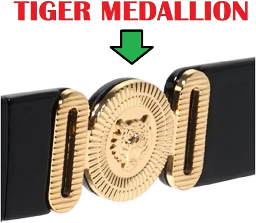 Vista 2 de Dweebzilla Gafas de sol de lujo ovaladas delgadas con medallón de cabeza de tigre dorado Oro