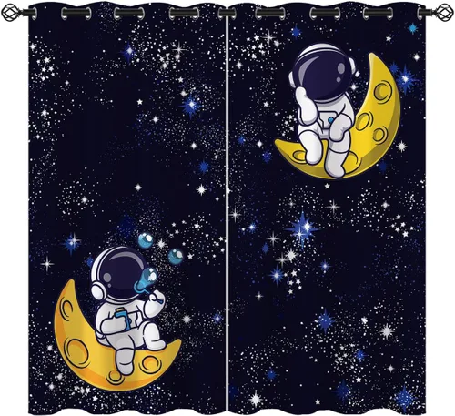 Vista 13 de Cortinas opacas con diseño de cohetes de dibujos animados para niñas y niños, decoración del hogar, aventura en el espacio, galaxia, planetas, azul