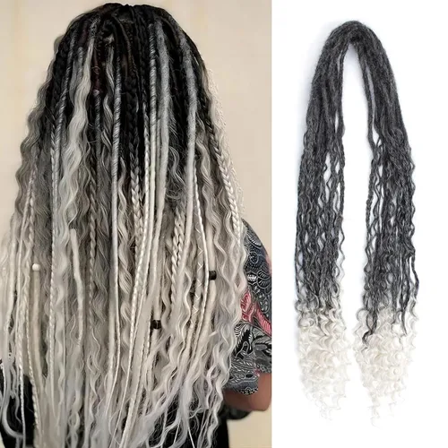 Vista 10 de Extensiones de rastas trenzadas bohemias de 24 pulgadas, 10 hebras de rastas sintéticas rizadas color marrón degradado con trenza de caja, rastas