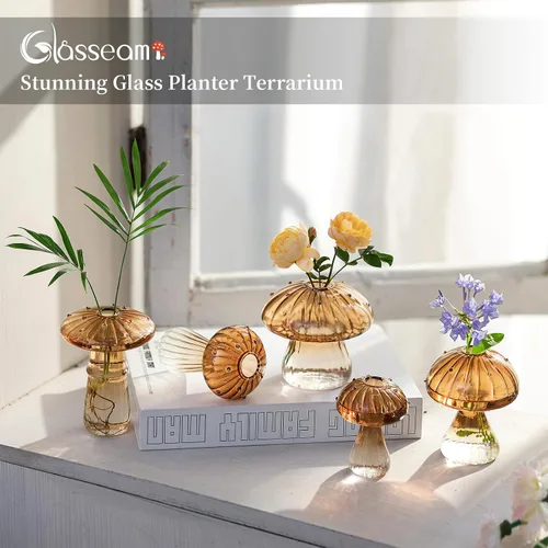 Vista 3 de Glasseam Jarrón de Seta de Cristal Ámbar: Lindo Juego de Jarrones Pequeños para Flores de 5 Jarrones Únicos Mini para Capullos para Centros de Mesa