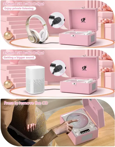 Vista 2 de Reproductor de CD con altavoces estéreo, transmisión inalámbrica de entrada/salida Bluetooth, batería recargable, reproductor de CD retro USB