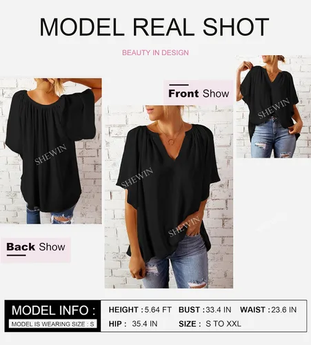 Vista 3 de SHEWIN Blusa casual de gasa con cuello en V para mujer, holgada, manga 34, plisada, holgada
