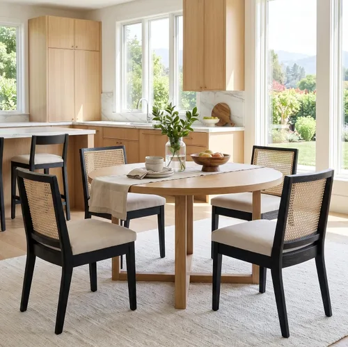 Vista 11 de BESTANO Juego de 2 sillas de comedor de ratán estilo granja, sillas de cocina de madera negra para comedor rectangular, sillas de cocina de mimbre