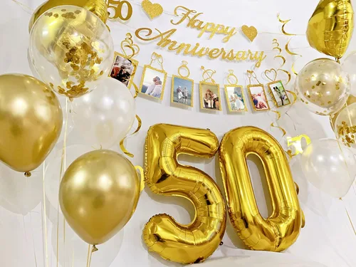 Vista 2 de Decoraciones de 50 aniversario, suministros para fiesta, juego de carteles fotográficos y globos, remolinos colgantes para decoración de boda de 50