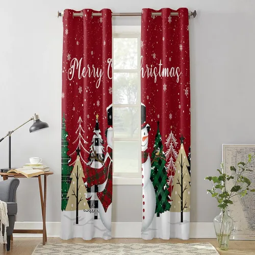 Vista 4 de Libaoge Cortinas de Navidad para cocina, dormitorio, juego de 2 paneles, diseño de muñeco de nieve de Navidad, cortinas de invierno con copos