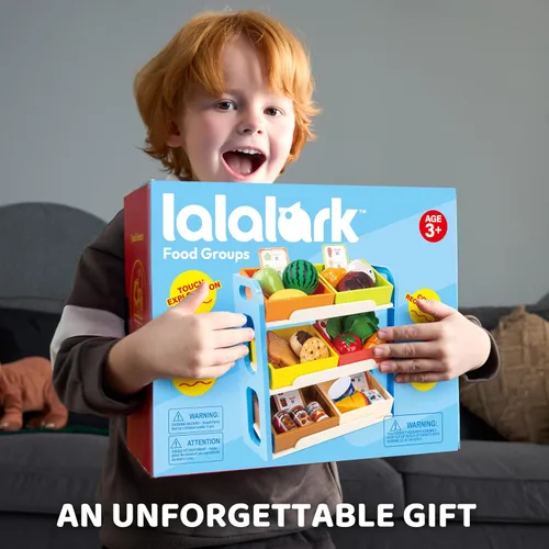 Vista 7 de JOVA lalalark Play Food para niños pequeños, juego de tienda de comestibles para niños, juguete de cocina con estantes de almacenamiento y 6 cajas