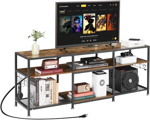 Vista 9 de VECELO Soporte de TV de 63 pulgadas con tomas de corriente para televisión de 55/60/65/70 pulgadas, centro de entretenimiento con estantes de Gris