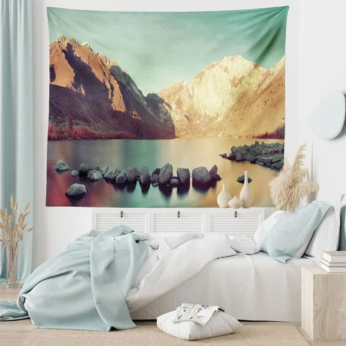 Vista 10 de Ambesonne Tapiz vintage, pintura de paisaje acuático chino, impresión artística nostálgica, concepto de acuarela nostálgica, colgante de pared ancho