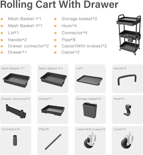 Vista 4 de Carrito rodante de 3 niveles con cajón, carrito de servicio REBECAT hecho de organizador de almacenamiento multifuncional para cocina, baño, sala
