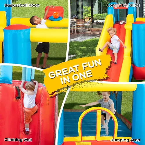 Vista 2 de JOYMOR Casa de Rebote Inflable, Castillo Hinchable para Saltar con Centro de Juego y Soplador de Aire, Tobogán Saltarín, Adecuado para Bebés