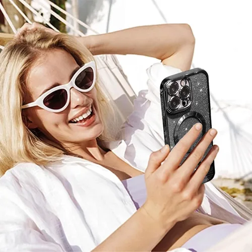 Vista 2 de Funda magnética para iPhone 15 Pro, compatible con Magsafe, funda transparente con purpurina de corazón de amor para mujeres y niñas, protección