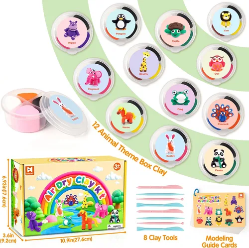 Vista 2 de Kit de arcilla de secado al aire para niños, 12 animales de arcilla para modelar con tarjetas tutoriales y video, 8 herramientas de escultura