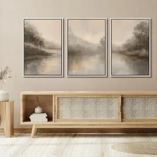 Vista 425 de SIGNFORD - Set de obras de arte en lienzo enmarcado para pared, ilustraciones abstractas de neblina del desierto en tonos neutros beige y marrón