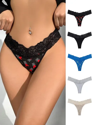 Vista 3 de COZYEASE Conjunto de 5 piezas de bragas de encaje en contraste para mujer con estampado gráfico