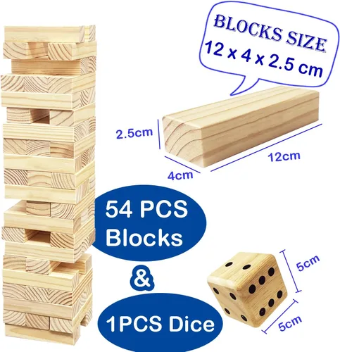 Vista 2 de Jac & Mok Tumble Tower - Juego de bloques de madera para apilar con bolsa de transporte (54 piezas de torre grande con dados)
