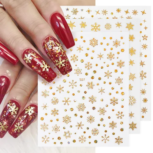 Vista 2 de 12 hojas de calcomanías de arte de uñas de copo de nieve de Navidad, suministros de uñas doradas, calcomanías de uñas de copo de nieve, copos